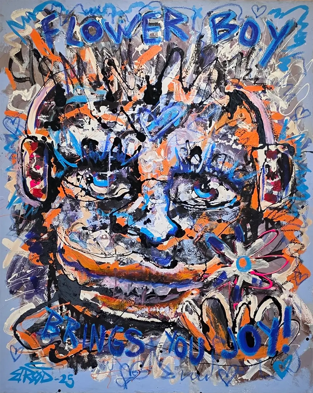 Detaljebilde av maleriet "Flowerboy" av samtidskunstneren Bjørge Rødfjell. 