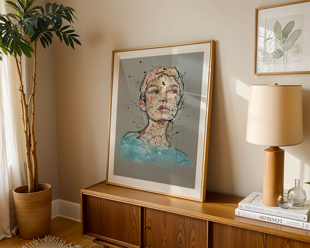 Kunsttrykket "lust" av Lea Alstad, her innrammet med en ramme av eik. 