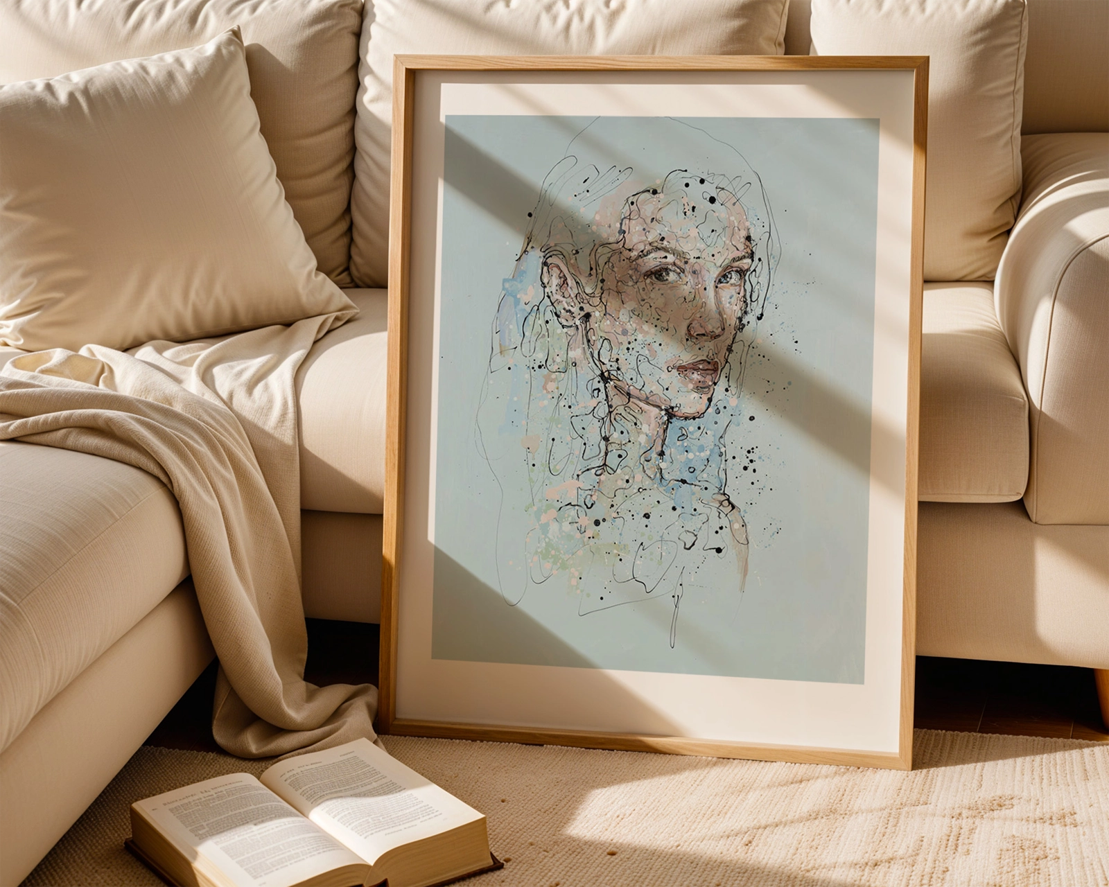 Kunsttrykket "Ocean" av Lea Alstad innrammet med en tynn eikelist. 