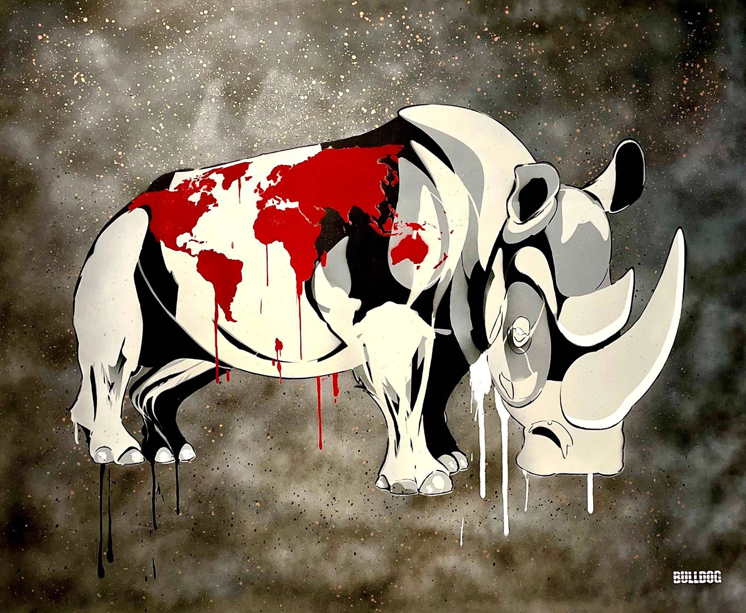 Detaljebilde av maleriet Red Rhinoceros av kunsteren Bulldog.