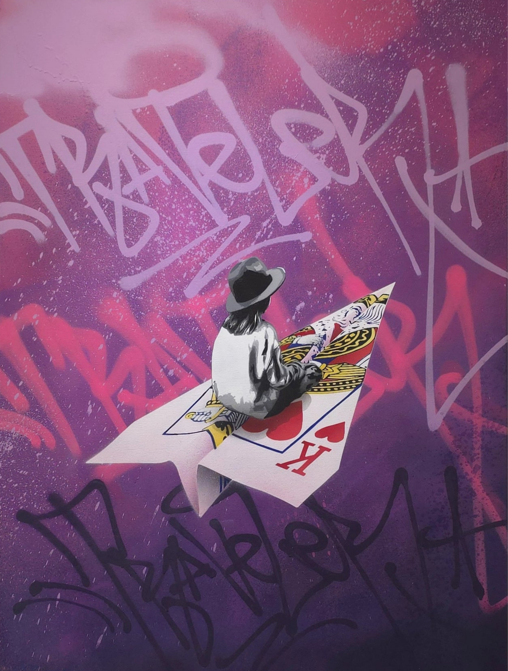 Detaljebilde av kunstverket "Risk Rosa", laget med spray og stensil på lerret. 