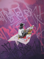 Detaljebilde av kunstverket "Risk Rosa", laget med spray og stensil på lerret. 