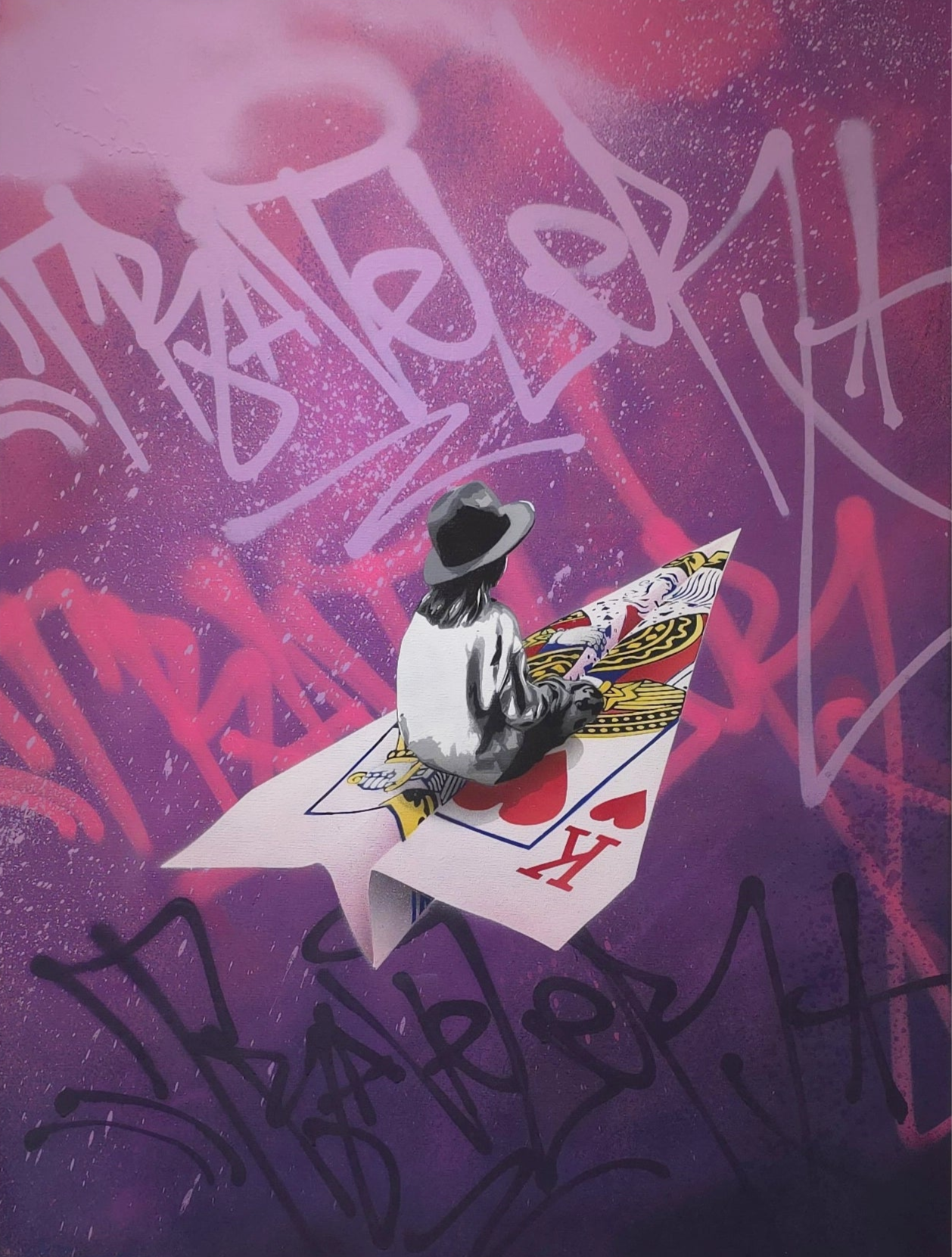 Detaljebilde av kunstverket "Risk Rosa", laget med spray og stensil på lerret. 