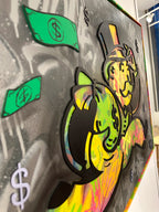 Kunstverket er laget med spray og utskåret tre som er limt på lerret. 