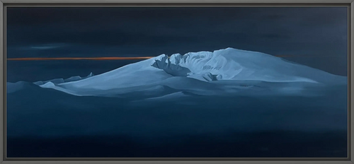 Detaljebilde av maleriet "Snøhetta". Oljemaleri på linlerret.
