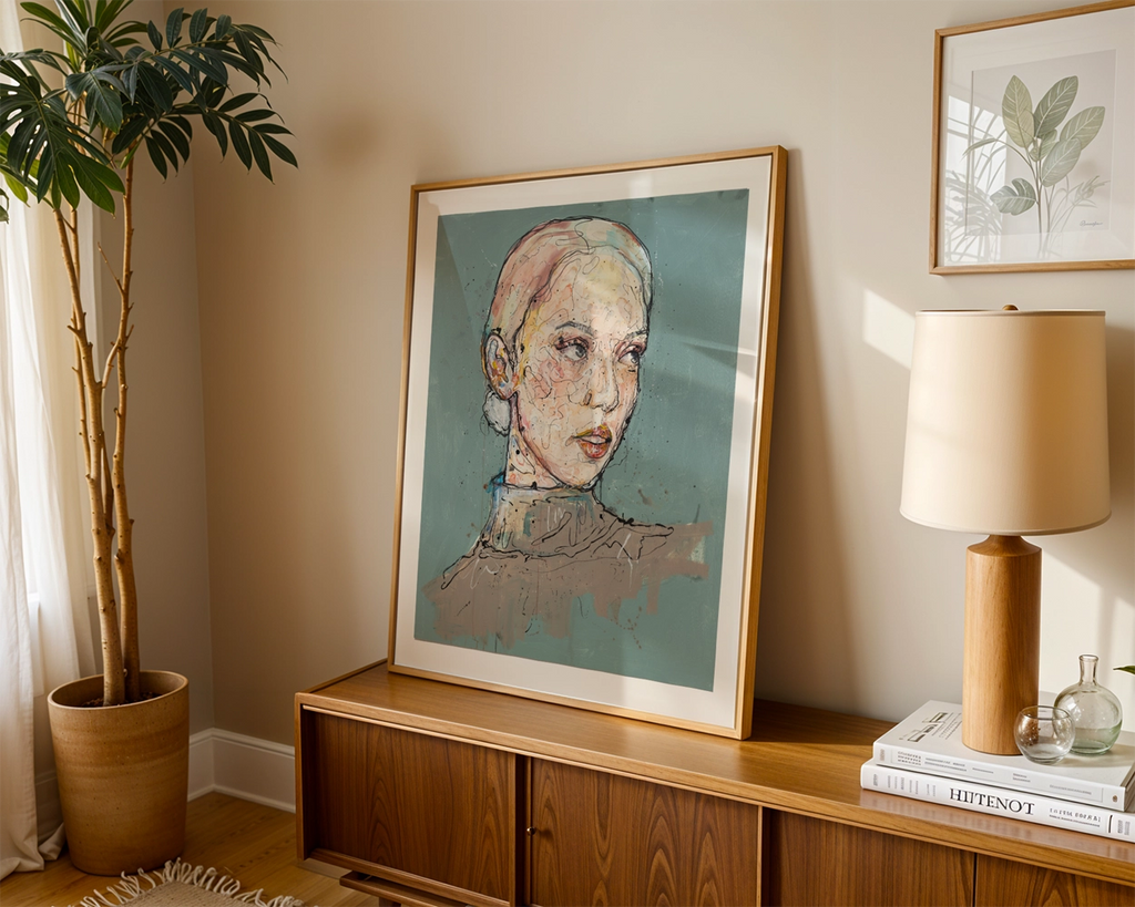 Kunsttrykket "Sun" her innrammet med en ramme av eik.