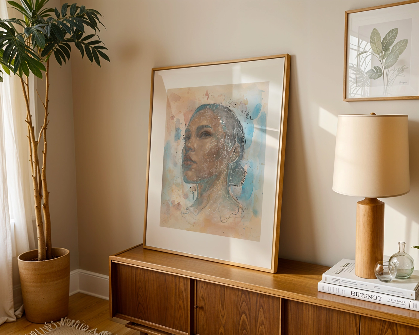 Kunsttrykket "Under Water" av Lea Alstad - her innrammet med eikeramme.