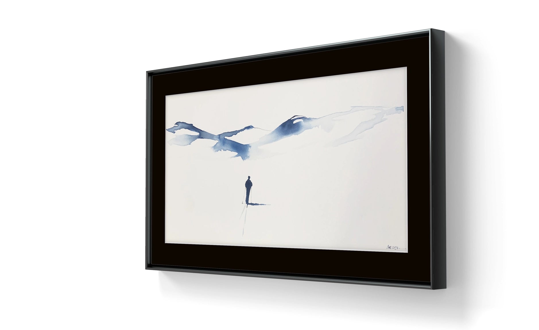 Kunstverket "Underveis 1" leveres ferdig innrammet. Innrammingen er flytende, og har en sort list, sort bakpapp og kunstglass.