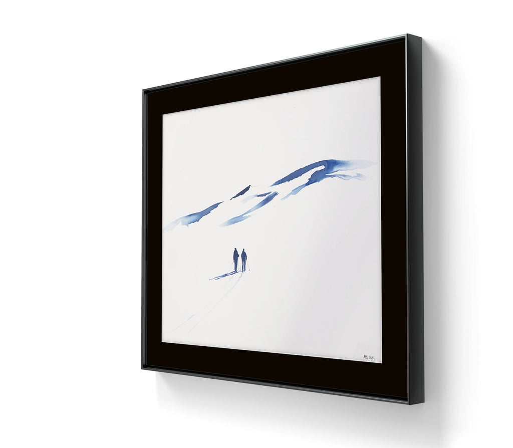 Kunstverket "Underveis 3" leveres ferdig innrammet. Innrammingen er flytende, og har en sort list, sort bakpapp og kunstglass. Total størrelse med ramme er 57 x 68 cm