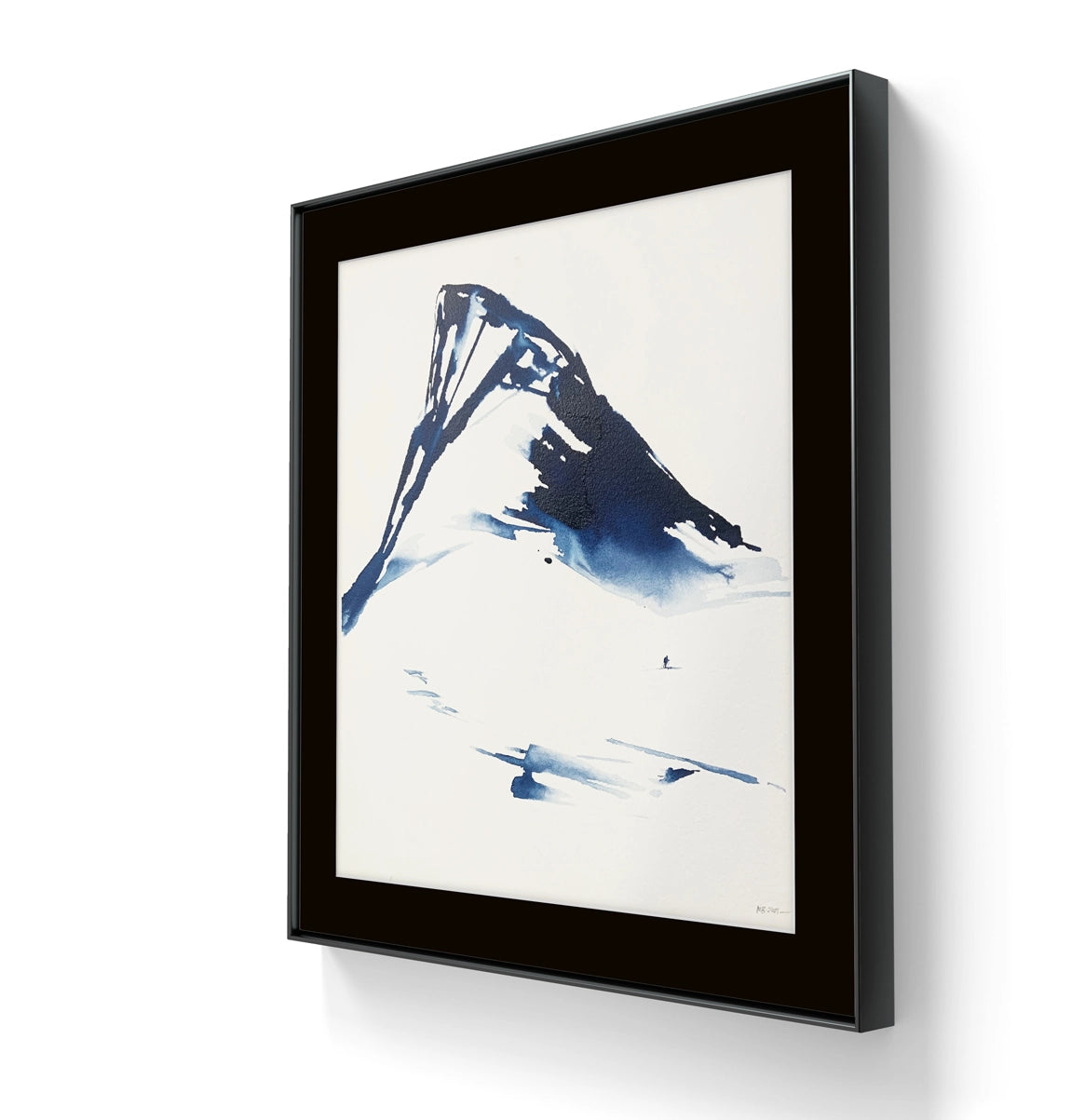  Kunstverket "Underveis 5" leveres ferdig innrammet. Innrammingen er flytende, og har en sort list, sort bakpapp og kunstglass. 