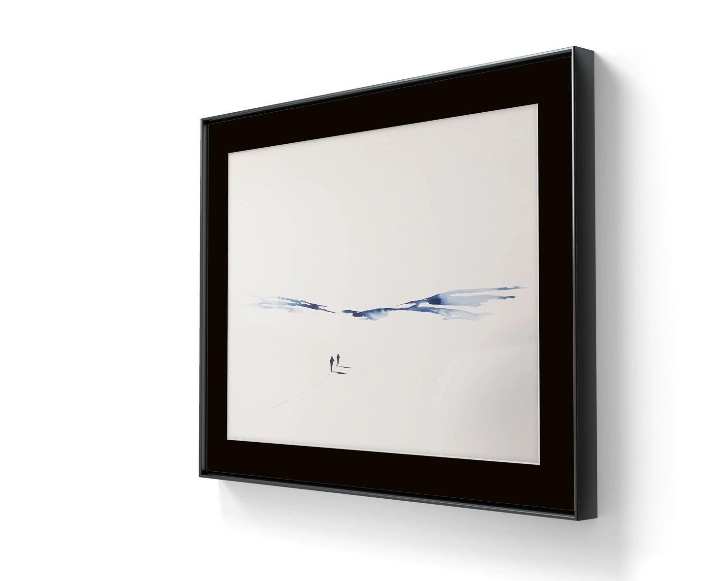 Kunstverket "Underveis 8" leveres ferdig innrammet. Innrammingen er flytende, og har en sort list, sort bakpapp og kunstglass