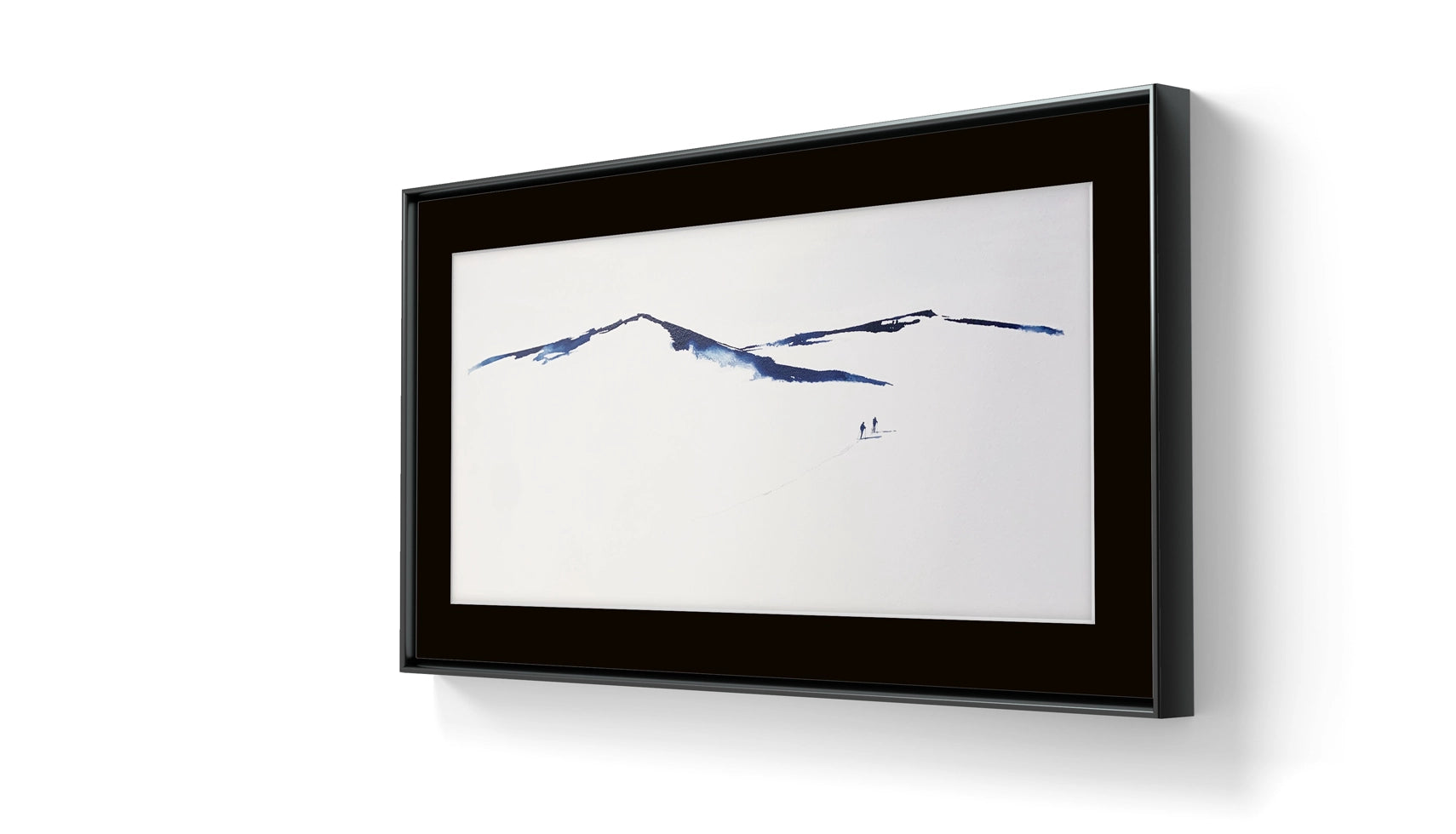 Kunstverket "Underveis 9" leveres ferdig innrammet. Innrammingen er flytende, og har en sort list, sort bakpapp og kunstglass